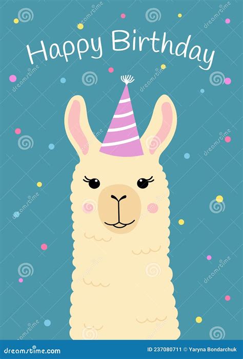 Happy Birthday Greeting Card with Cute Llama Head. Funny Alpaca with ...