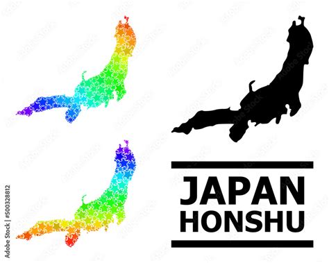 Rainbow gradient star collage map of Honshu Island. Vector colored map of Honshu Island with ...