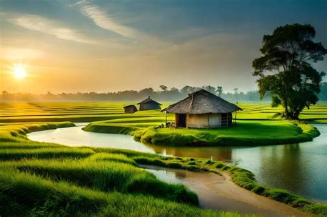 Premium AI Image | a sunset with rice fields and houses