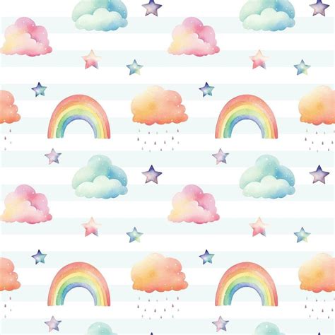 Seamless colorful stars rainbow clouds pattern. Watercolor stars rainbows vector background in ...