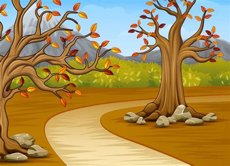 Premium Vector | Cartoon of beautiful autumn tree with a mountain background