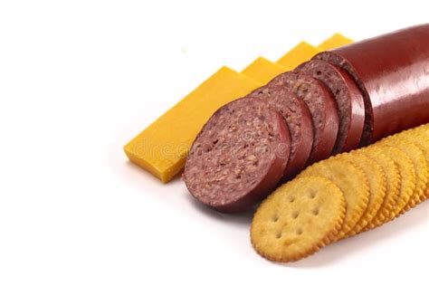 Platter of Summer Sausage Crackers and Cheddar Cheese on a White Background Stock Image - Image ...