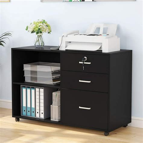 3 Drawer File Cabinet with Lock, Mobile Lateral Filing Cabinet Printer Stand with Wheels and ...