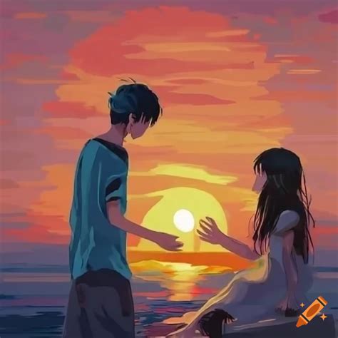 Anime couple holding hands in front of a sunset on Craiyon