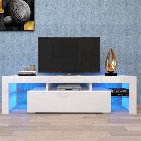 White TV Stand with 20 Colors LED Remote Control Lights, 65 inch 70 inch TV Console Cabinet ...