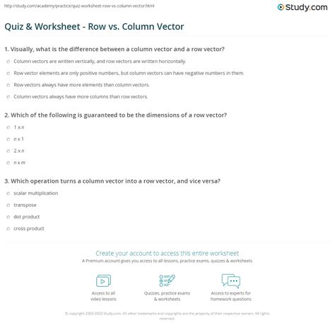 Quiz & Worksheet - Row vs. Column Vector | Study.com