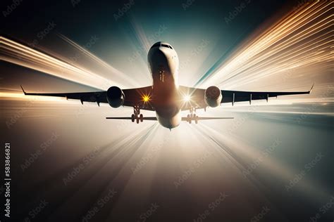 Abstract passenger plane taking off in motion blur. Generative AI illustration Stock ...