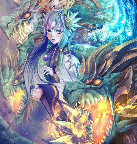 Anime, anime girls, dragon, long hair, green eyes, blue hair, cyan hair, HD phone wallpaper | Peakpx