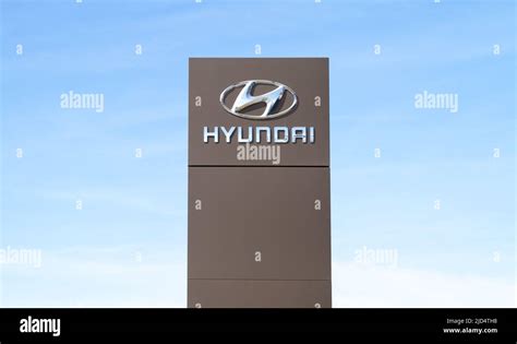 Hyundai Motor Company logo. Korean car manufacturer emblem sign. Dealership forecourt pylon ...