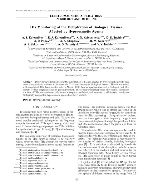 (PDF) THz monitoring of the dehydration of biological tissues affected by hyperosmotic agents