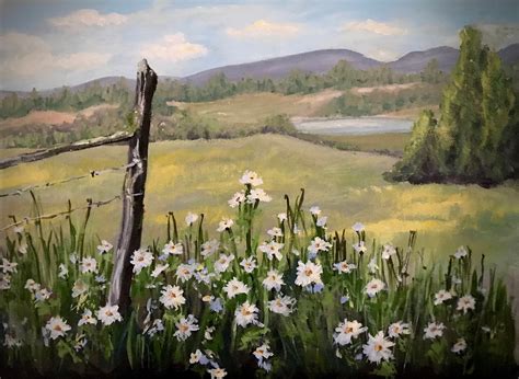 Pretty Country Landscape Oil Painting With Daisies - Etsy