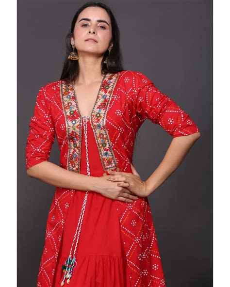 Cherry red dress with embroidered jacket - Set of two by Kyeth | The Secret Label