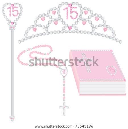 Quinceanera Collection Including Tiara, Scepter, Rosary And Bible. Stock Photo 75543196 ...