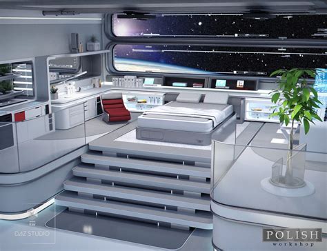 the interior of a futuristic space station with stairs leading up to a bed and desk