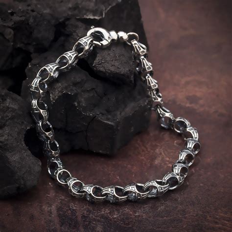 Cross Patterned Chain Bracelet, Men's Chain Bracelets, Oxidized Silver ...