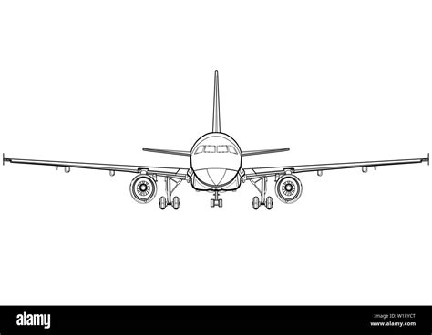 Aircraft linear black and white drawing full face, plane front view, airplane icon, outline ...