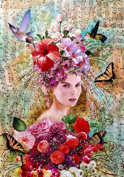 a woman with flowers and butterflies on her head