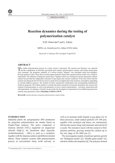 (PDF) Reaction dynamics during the testing of polymerization catalyst