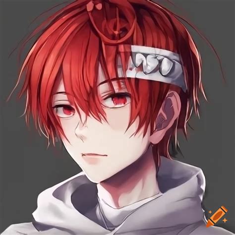 Anime boy with mid leanth fluffy scarlet red hair tied up in a bun ...