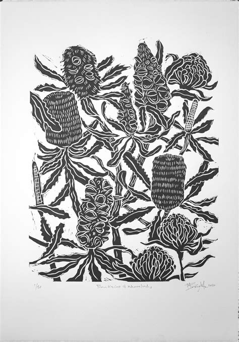 Banksia ans Waratah Flowers linocut print - Art Lovers Australia