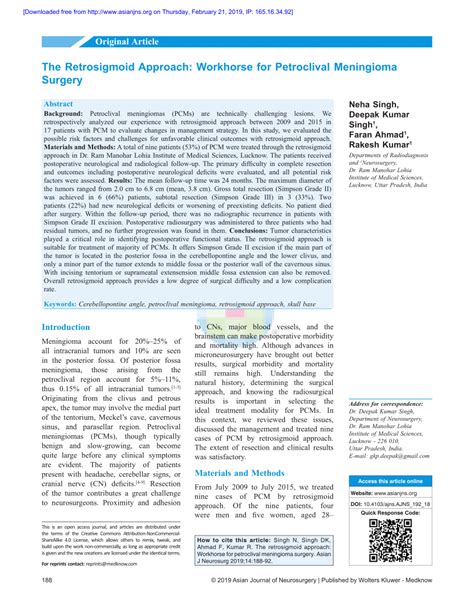 (PDF) The Retrosigmoid Approach: Workhorse for Petroclival Meningioma Surgery