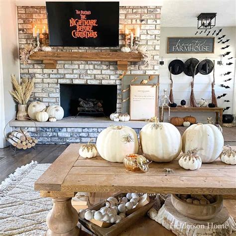 Farmhouse Living Room with White Halloween Pumpkin Decor - Soul & Lane