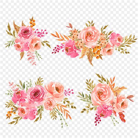 Peach Watercolor Flowers Vector Art PNG, A Set Of Pink And Peach Watercolor Flowers Arrangement ...