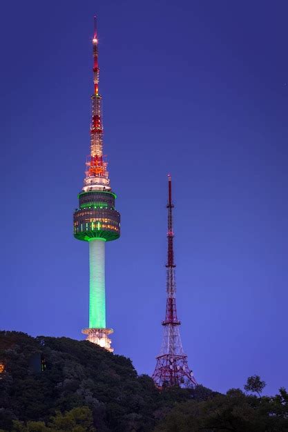 Premium Photo | Seoul tower or namsan tower at night view, landmark of korea.