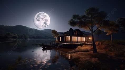 Background Rumah Render 3d Di Puncak Bukit Di Tepi Danau Dengan Bulan ...