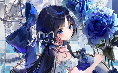 Beautiful anime girl with blue long hair and blue eyes posing among blue flowers 2K wallpaper ...