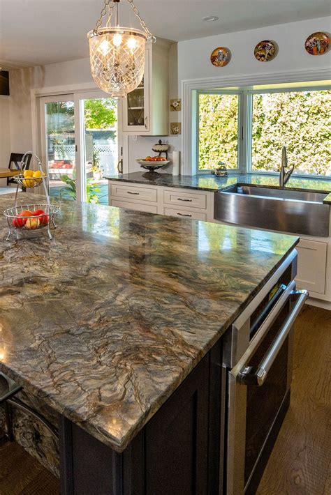 Dark Brown Kitchen Island Cabinet Fusion Quartzite Countertop Hardwood Floor | Marble ...