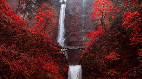 Bridge Between Red Autumn Trees Covered Mountains With Waterfalls Background Columbia River ...