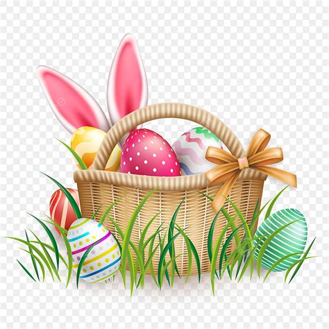 Easter Egg Basket Clipart Vector, Bow Decorative Basket Texture Realistic Easter Egg Rabbit ...