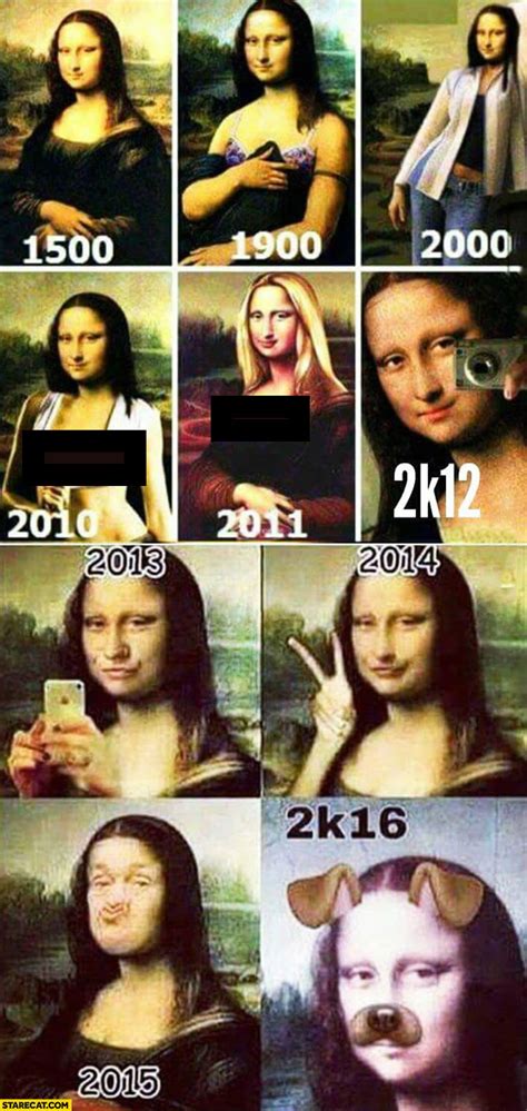 Mona Lisa in years 1500, 1900, 2000, 2010, 2011, 2012, 2013, 2014, 2015, 2016 selfie evolution ...