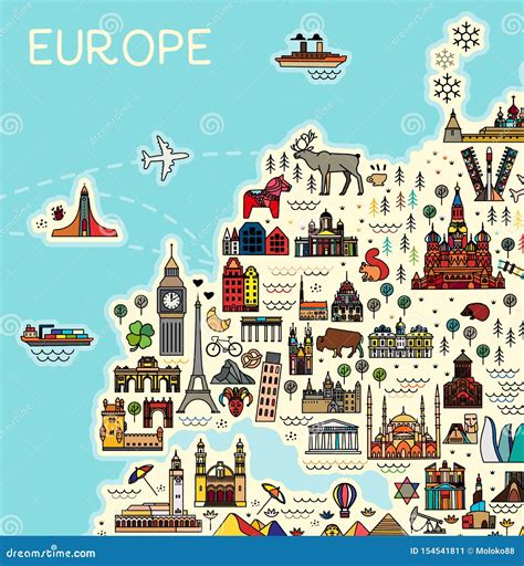 Europe Map with Famous Sightseeing. Travel Guide Stock Illustration - Illustration of moscow ...