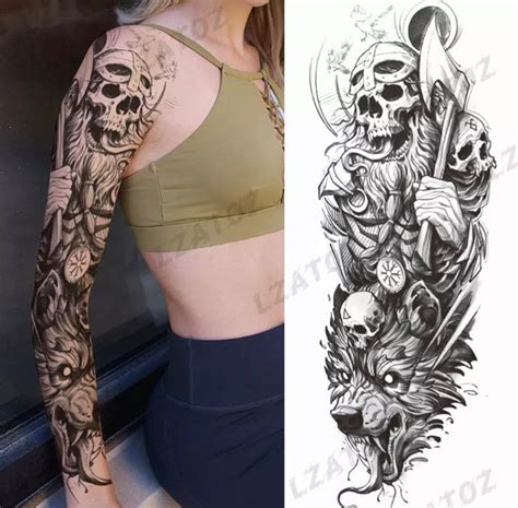 Full Sleeve Black Skull Wolf Temporary Tattoo Realistic - Etsy