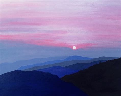 Purple Mountains. Landscape, pink sky, sunset, clouds, blue, hills, serene. Original acrylic ...