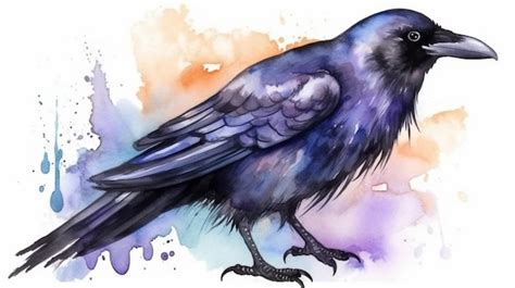 Premium AI Image | A watercolor painting of a raven with a blue feather on its head.