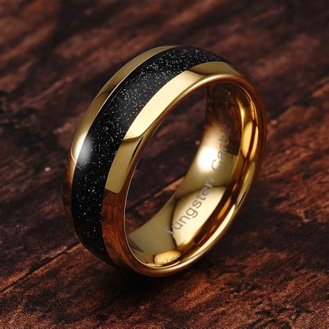 Tungsten Ring for Men Wedding Band Black Sandstone Inlaid Gold Dome – 100S JEWELRY