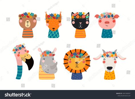 Set Cute Funny Animals Flower Crowns Stock Vector (Royalty Free ...