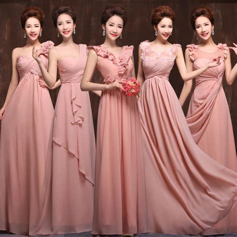 2015 new 5 styles long chiffon old rose pink blush bridesmaid dress wedding prom party dress ...