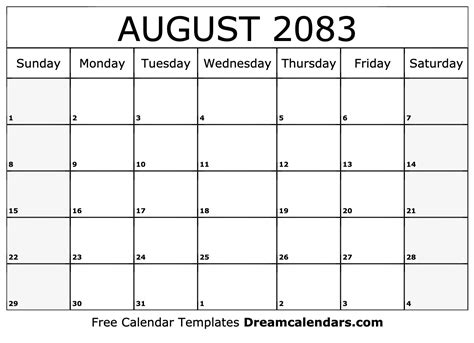 August 2083 Calendar - Free Printable with Holidays and Observances