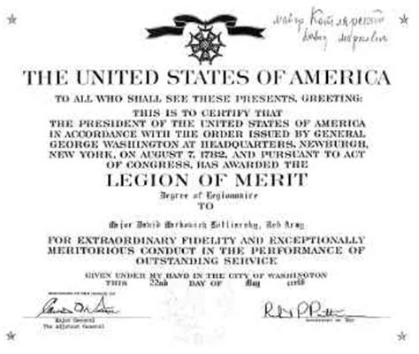 Legion Of Merit Certificate