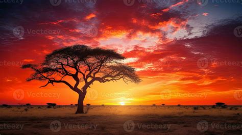 Sunset on African plains with acacia tree Kalahari desert South Africa. silhouette concept ...