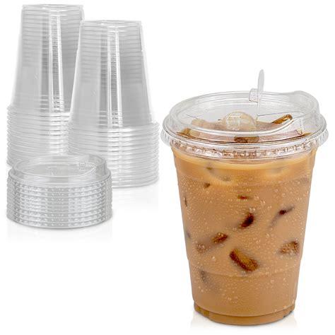 [100 Pack] Disposable Strawless Plastic Cups with Lids - 16 Oz Clear Plastic Cups and Sippy Cups ...