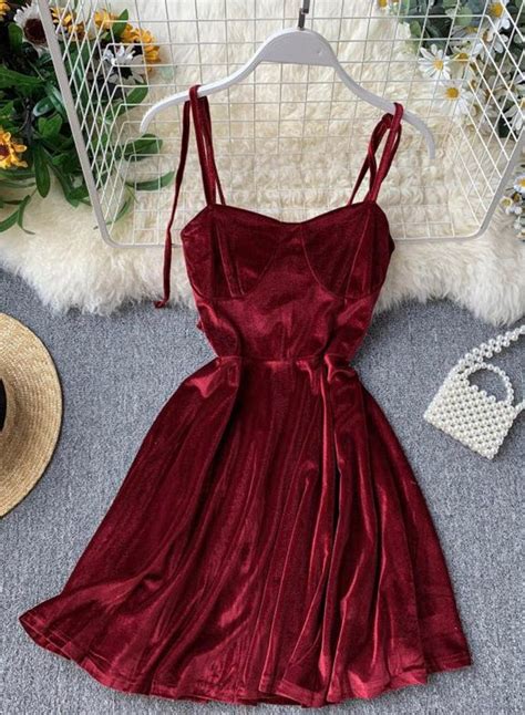 Cute A line velvet short dress women's dress 1098 | Velvet dress short, Red dress short, Dark ...