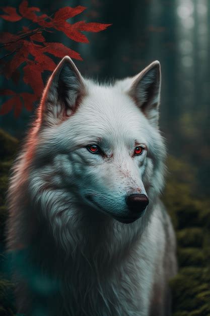 Premium Photo | A white wolf with red eyes sits in a forest with a red glow.