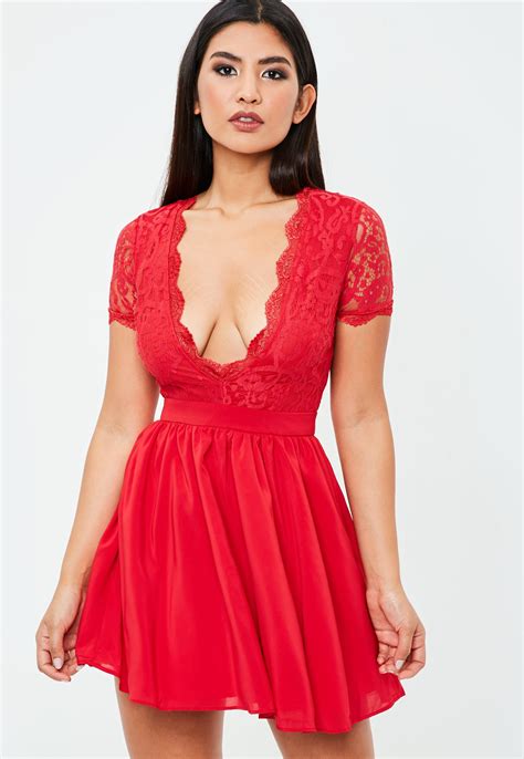 Missguided Red Lace Plunge Skater Dress - Lyst