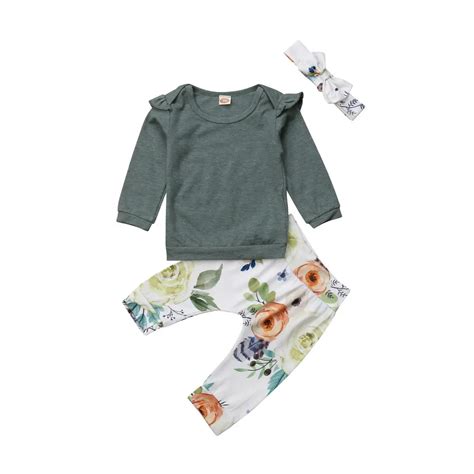 Newborn Infant 3Pcs Clothes Set Baby Girls Long Sleeve Green T shirt Tops Floral Pants Haedband ...