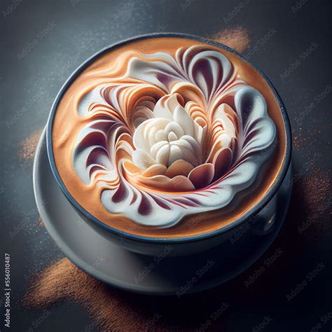 Nice Texture of Latte art on hot latte coffee . Milk foam in heart shape leaf tree on top of ...